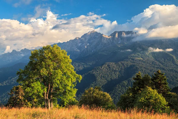 Beautiful scenic summer autumn landscape of Agepsta Peak and Mzymta river valley in Caucasus Mountains in Sochi at sunset. Sunny blue sky scenery with clouds — Stock Photo, Image