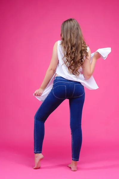 Kobiety Dobrej Formie Pop Legendach Push Różowym Tle Modne Reklama — Zdjęcie stockowe