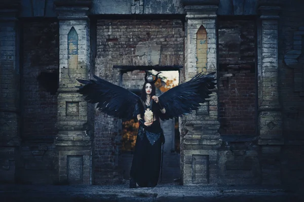 Pretty Demon Girl Black Wings Her Back Goddess Another World — Stock Photo, Image