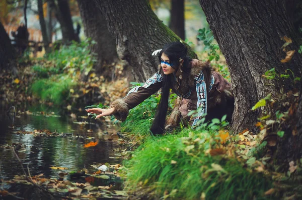 Vrouwelijke Indianen Van Amerika Etnische Kostuum Een Forest Fairy Geconfronteerd — Stockfoto