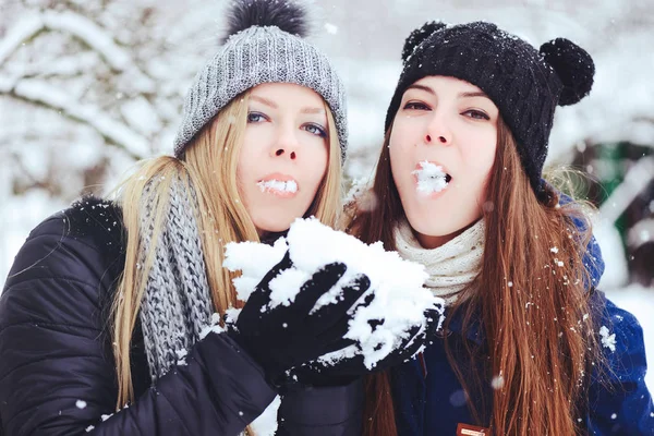 Kreativ Lustig Und Glücklich Zwei Schöne Freundinnen Spielen Schnee Schnee — Stockfoto