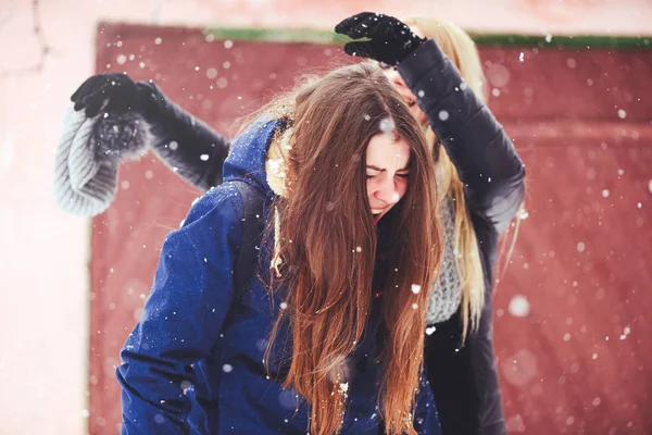 Lustig Und Glücklich Spielen Zwei Schöne Freundinnen Winter Schnee Viel — Stockfoto