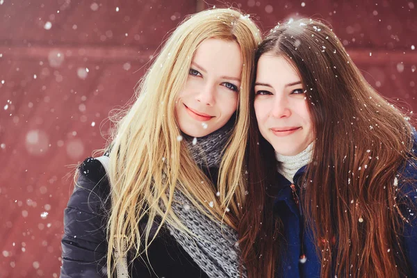 Funny Happy Two Beautiful Girlfriends Walk Winter Lot Snow Winter — Stock Photo, Image