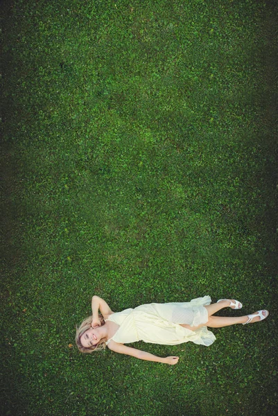 美丽的年轻女子躺在草地上 新鲜的自然夏季概念 从上面看 图片说明 — 图库照片