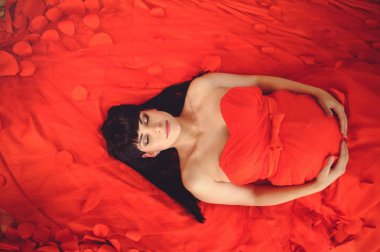 Hayatı yeni kavramı. Gebelik, annelik ve mutluluk. Hamile kadın kırmızı arka plan - görüntü üzerinde şık zarif kırmızı elbiseli closeup