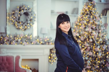 Kavramı gebelik, aşk, insanlar ve beklentileri - mutlu hamile kadın, kot pantolon Noel ağacı arka planı bir odada giyim - resim standları