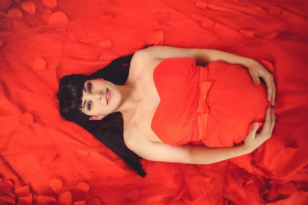 人生の新しい概念 母性と幸福 赤い背景のイメージのスタイリッシュなエレガントな赤いドレスに妊娠中の女性のクローズ アップ — ストック写真