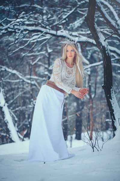 冬季美女女人 美丽的时尚模特女孩与雪发型和化妆在冬季森林 节日化妆和修指甲 冬季大床房与雪和冰发型 — 图库照片