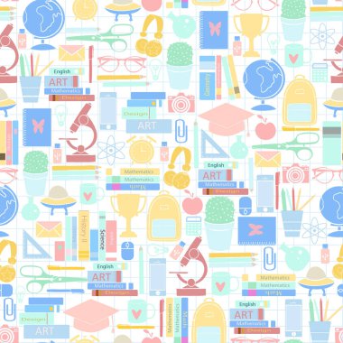 Okul aksesuarları ile Seamless modeli eğitim. Arka plan simgeleri ile kroki. Renkli karalamalar illüstrasyon. Okul öğeleri ve nesneleri arka plan. Okula dönüş.