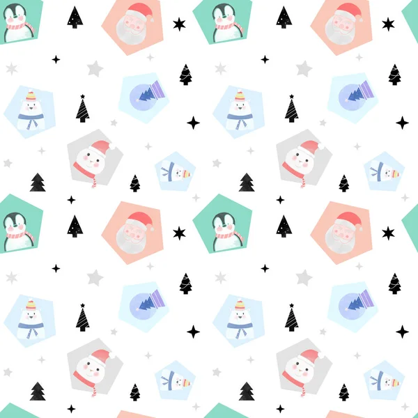 Sevimli Noel öğeleri seamless modeli. Noel Baba, ayı, Penguen, kardan adam ve kar küre ile Noel dekorasyon.