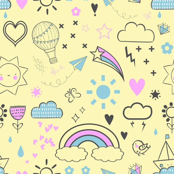 Sarı arka plan üzerinde el çizilmiş doodle elemanları Sevimli renkli sorunsuz desen. Gökkuşağı, yıldızlar, bulutlar, güneş, çiçek deseni.