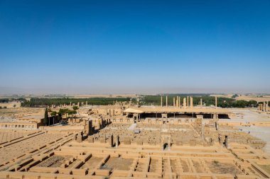 İran'da Persepolis. Yukarıdan antik kalıntıların görünümü, havadan görünüm