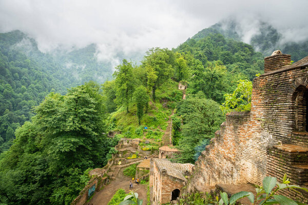 Fuman, Iran - June 2018: Rudkhan Castle architecture in Iran. Rudkhan Castle is a brick and stone medieval castle, located 25 km southwest of Fuman city north of Iran in Gilan province.