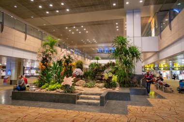 Singapur - Ocak 2019: Singapur Changi Havalimanı mimarisi ve yolcuları. Singapur. Changi Havalimanı Asya 'daki en büyük havaalanlarından biridir..