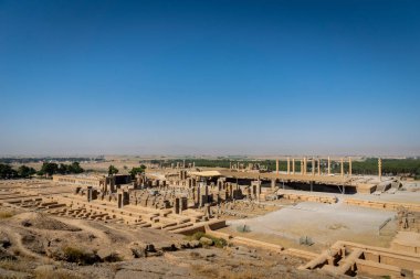 İran'da Persepolis. Yukarıdan antik kalıntıların görünümü, havadan görünüm