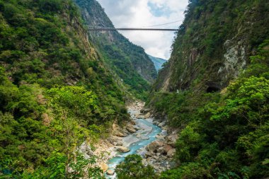 Hualien Taroko milli parkı kanyon manzara, Tayvan. Kırlangıç Mağarası (Yanzikou) yürüyüş parkurunun doğal kanyon ve nehir manzarası. 