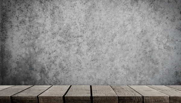 Empty Wooden Shelf Gray Cement Wall Product Display — Stock Photo, Image