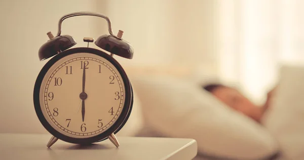 Alarm Clock Counting Six Clock Woman Still Sleeping Bed — Stock Photo, Image