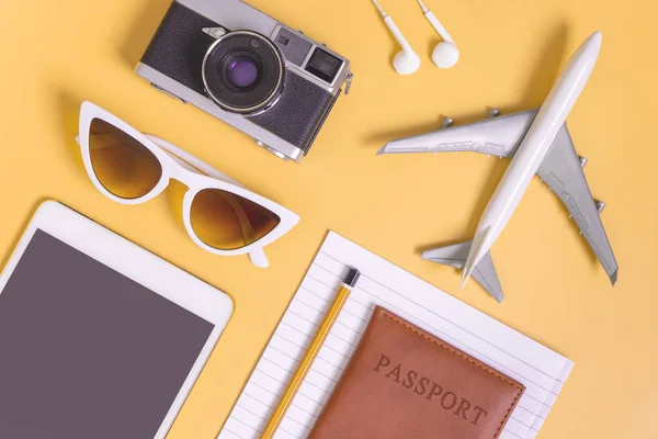 Travel Objects Flat Lay Yellow Background Travel Concept — Stock Photo, Image