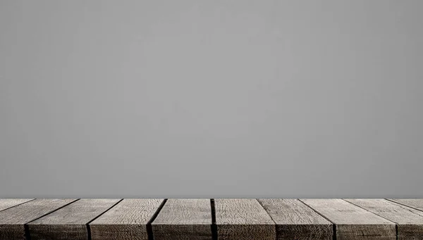 Blank Wooden Display Shelf Gray Cement Wall — Stock Photo, Image