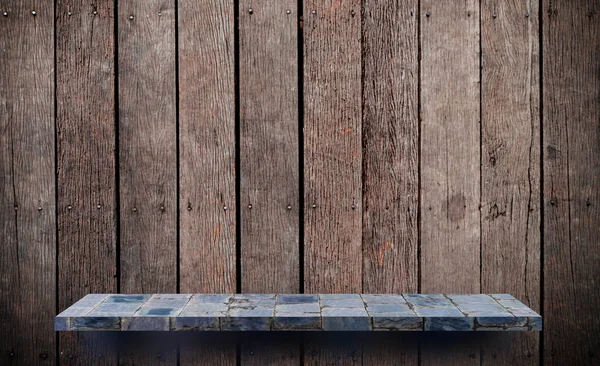 Empty Stone Shelf Wooden Wall Product Display — Stock Photo, Image