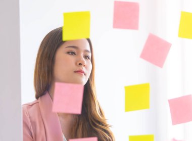 Gündelik yaratıcı iş kadını pencerelere ideal ve hedef yazıyor.