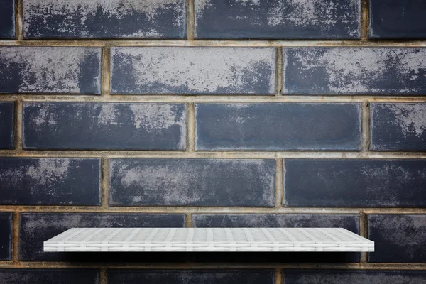 Empty white weaving shelf counter on gray brick stone texture