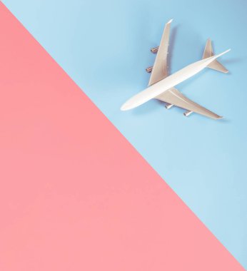 Oyuncak uçak mavi pembe dünya konsepti seyahat ediyor 