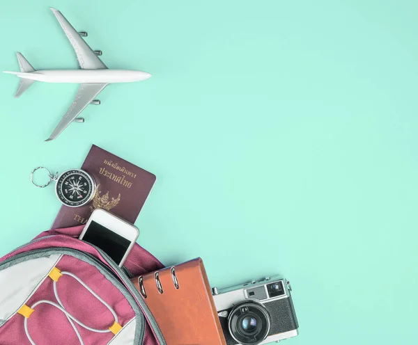 Packning Dokument Och Prylar För World Travel Uppifrån Flatlay Blå — Stockfoto