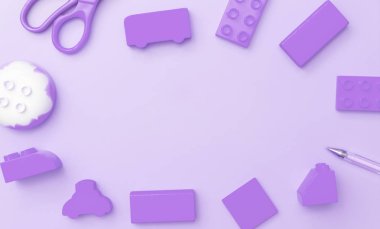 Çocuklar oyuncaklar çerçeve mor arka plan üzerinde oyuncaklar düz yatıyordu üst görünümü