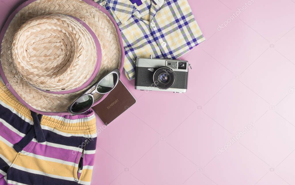 Summer Travel Fashion for boys on pink copy space