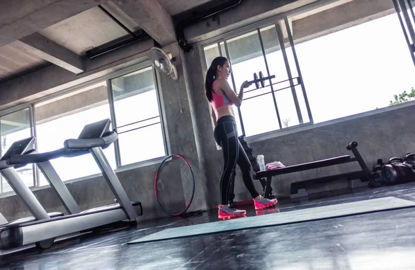 Chica está preparada para entrenar duro en el gimnasio ab roller fitness — Foto de Stock