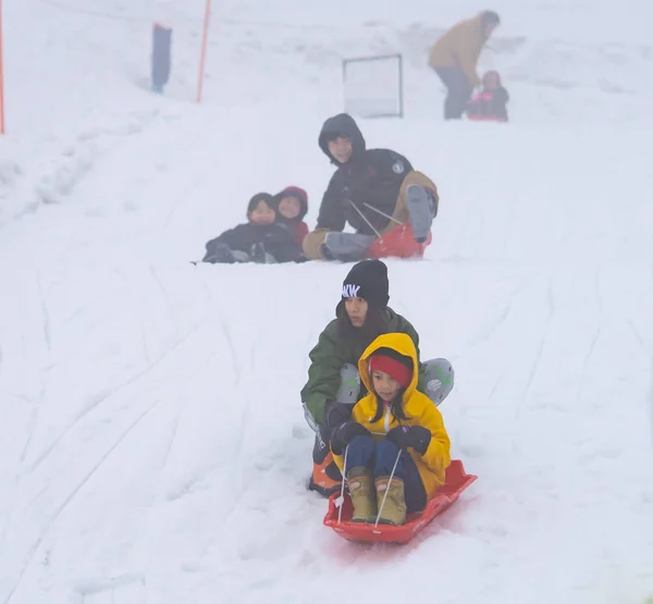 Tourist are playing with snow in Gala Yuzawa Ski resort. — Stock Photo, Image