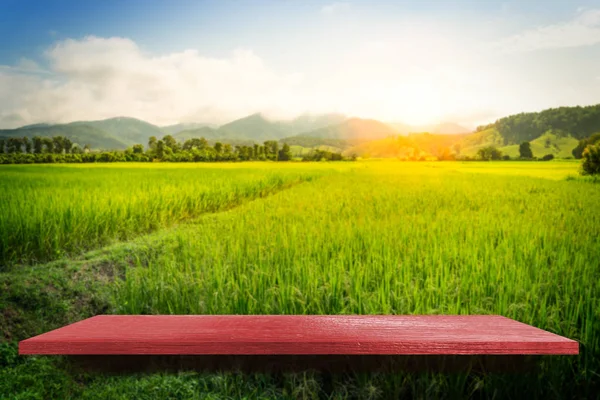 Röd trähylla på Paddy Farm Nature bakgrund för produkt dis — Stockfoto