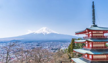 Chureito Pagoda tapınak ağacı ve Fuji tepesi arka planda