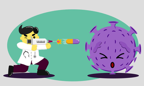 Doctor shooting Medicine to a COVID 19 Virus, Doctor is a Hero concept.
