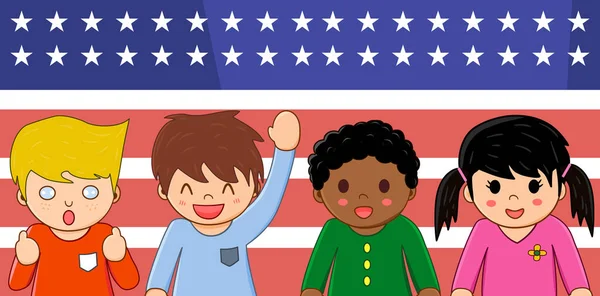 Czworo Wieloetnicznych Szczęśliwych Dzieci Stojących Przed Amerykańską Flagą Race Unity — Zdjęcie stockowe