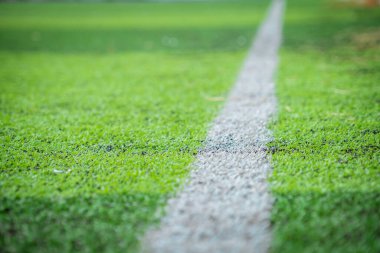 Spor sahası için yeşil çimlerde beyaz çizgili, arka planda kimse yok.