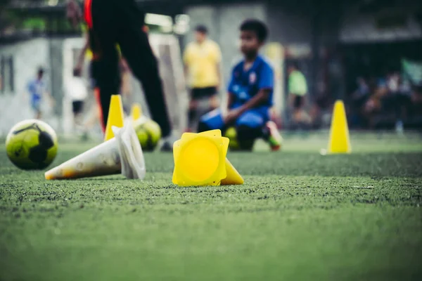 Children are training on a soccer pitch in a football academy with equipment.