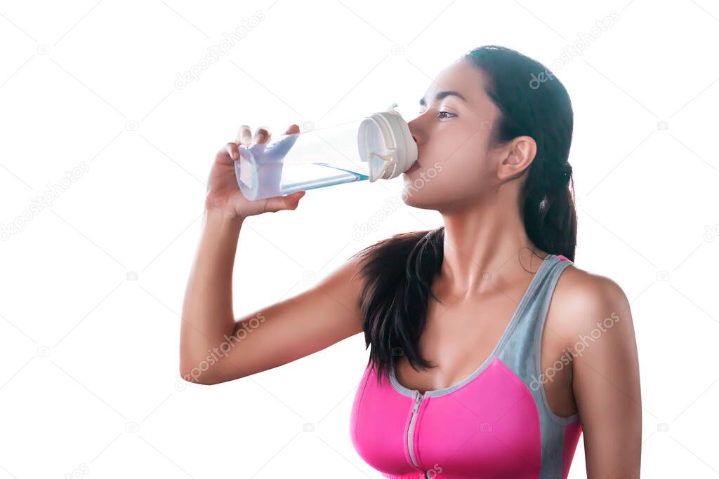 sport woman is drinking fresh water isolated on white