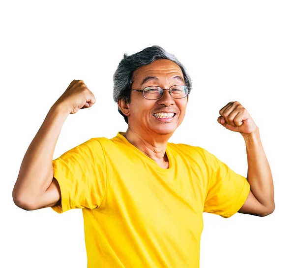 Senior Asian Man Zeigt Muskeln Für Einen Starken Gesunden Lebensstil — Stockfoto