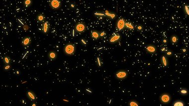 Canlı yayın, canlı sohbet ve canlı yayın için harika emoji parçacıkları. Sosyal medya arka planda aşağı doğru hareket eden harika emoji parçacıkları. Toz ışığı hareket eden parçacıkları parlaklaştırıyor. Soyut bir Parıltı BG.