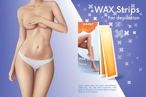 ワックスと Web バナーのデザインを取り除きます 女性の体の肌ケアのための手段の広告 ワックスの概念ベクトル イラストの白いパンツの女性のストリップします — ストックベクタ