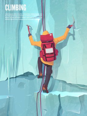 Extreme sports. Climbing the mountain. Ice climbing. Man with climbing gear. Vector illustration clipart