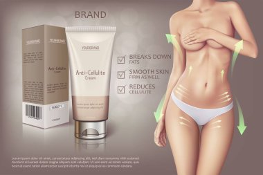 Anti-selülit kremi tüp kutuyla web afiş tasarımı. Kadınlar için reklam vücut cilt bakımı için anlamına gelir. Kadın beyaz külot ile kozmetik krem kavramı vektör çizim.