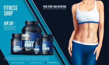 Seksi güzel genç sporcumuz spor tayt ve sutyen ve spor beslenme şişeleri kümesi kırpılmış görüntü. Vektör çizim.