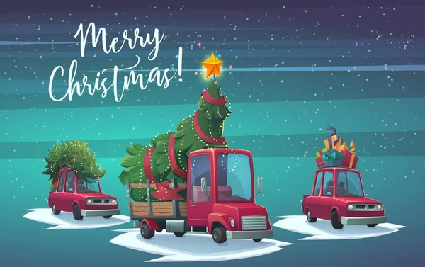 Car Gift Boxes Truck Fir Tree Big Shining Star Christmas — Stock Vector