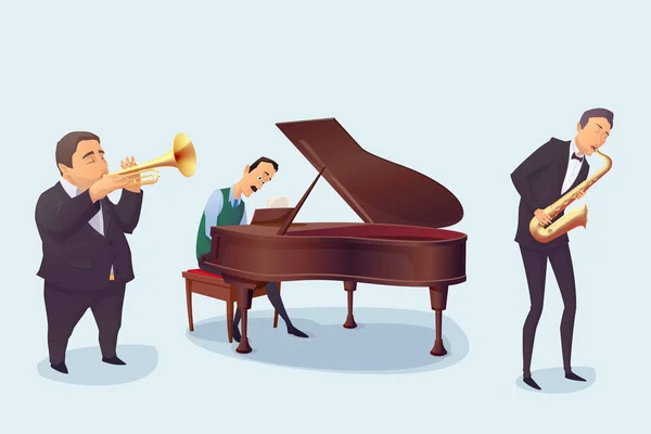 Beyaz Arka Plan Üzerinde Müzisyenler Izole Kümesi Saksofoncu Piyanist Trompetçi — Stok Vektör