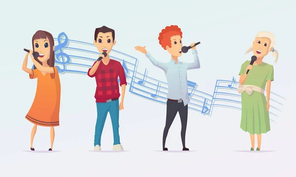 Conjunto Isolado Crianças Cantando Fundo Branco Estilo Dos Desenhos Animados — Vetor de Stock