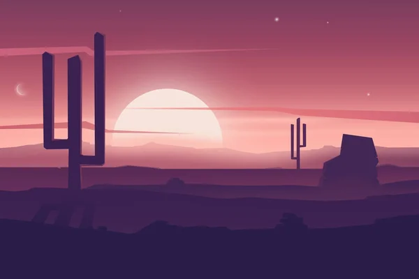 Cartoon Desert Landscape Cactus Hills Silhouettes Vector Nature Horizontal Background — Stock Vector